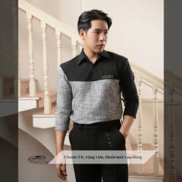 Thumbnail Áo sơ mi nam tay dài màu đen phối xám SIMTU điểm nhấn phối vải đính logo kim loại sáng bóng | SM025 3