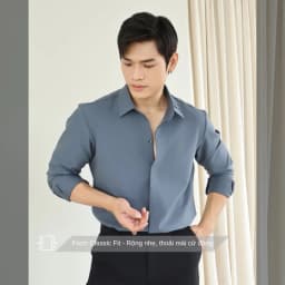 Thumbnail Áo sơ mi nam tay dài màu ghi xám thiết kế lá cổ xếp li & đô sau bắt chéo SIMTU vải cotton lạnh cao cấp | SM033 2