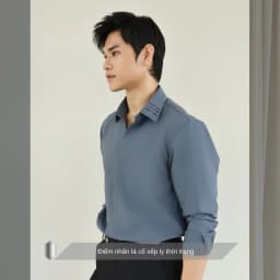 Thumbnail Áo sơ mi nam tay dài màu ghi xám thiết kế lá cổ xếp li & đô sau bắt chéo SIMTU vải cotton lạnh cao cấp | SM033 4