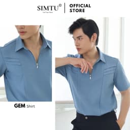 Thumbnail Áo sơ mi nam tay ngắn màu xanh dương phong cách Hàn Quốc SIMTU điểm nhấn xếp ly, cổ dây kéo thời trang | SM040 1