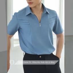 Thumbnail Áo sơ mi nam tay ngắn màu xanh dương phong cách Hàn Quốc SIMTU điểm nhấn xếp ly, cổ dây kéo thời trang | SM040 2