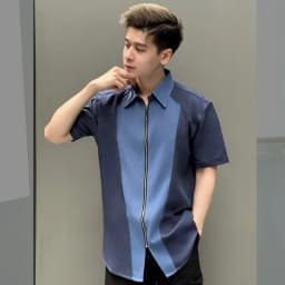 Thumbnail Áo sơ mi nam tay ngắn màu xanh dương SIMTU phối 2 màu vải, chất liệu cotton thun - kalan lạnh cao cấp | SM010 4