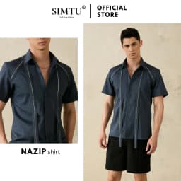 Thumbnail Áo sơ mi nam tay ngắn màu xanh navy SIMTU chất liệu cotton vân gỗ cao cấp phối cùng nẹp dây kéo thời trang | SM055 1