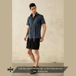 Thumbnail Áo sơ mi nam tay ngắn màu xanh navy SIMTU chất liệu cotton vân gỗ cao cấp phối cùng nẹp dây kéo thời trang | SM055 4