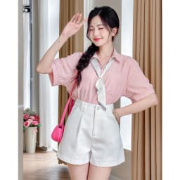 Thumbnail Áo sơ mi nữ công sở dạo phố cổ đức ngắn tay kèm khăn thắt nơ Twentyfive 4683 2
