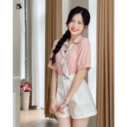 Thumbnail Áo sơ mi nữ công sở dạo phố cổ đức ngắn tay kèm khăn thắt nơ Twentyfive 4683 3