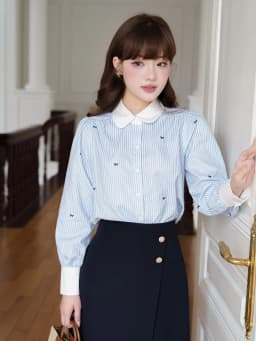 Thumbnail Áo sơ mi nữ dài tay màu kẻ xanh hoạ tiết nơ phối cổ và cửa tay trắng YAME YA612 2