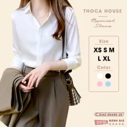 Thumbnail Áo sơ mi nữ dài tay trắng, đen dáng suông giấu nút THOCA HOUSE sơ mi công sở vải lụa chéo mềm mịn 1