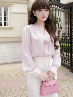 Thumbnail Áo sơ mi nữ dài tay vải tằm kẻ cổ V đính nơ hoa trang trí màu trắng và hồng YAME YA597 3
