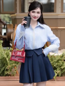 Thumbnail Áo sơ mi nữ kẻ xanh trắng dài tay cổ đúp túi ngực thêu nơ YAME YA434 2