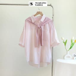 Thumbnail Áo sơ mi nữ Twentyfive dáng rộng ngắn tay họa tiết kẻ cổ thủy thủ thắt khăn choàng 4682M 1