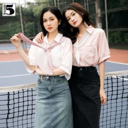 Thumbnail Áo sơ mi nữ Twentyfive dáng rộng ngắn tay họa tiết kẻ cổ thủy thủ thắt khăn choàng 4682M 4