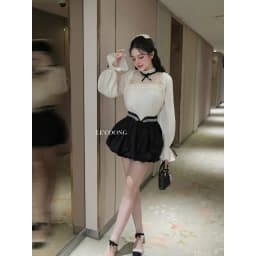 Thumbnail Áo Sơ Mi Tiểu Thư Tay Phồng Đính Ngọc LECOONG A13 Q13 Quần Dáng Bí Bo Chun Viền Ngọc Sang Chảnh 3