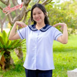 Thumbnail Áo sơ mi trắng cổ lá sen viền xanh cao cấp cho bé gái đến trường, big size từ 26kg đến 70kg 1