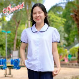 Thumbnail Áo sơ mi trắng cổ lá sen viền xanh cao cấp cho bé gái đến trường, big size từ 26kg đến 70kg 3