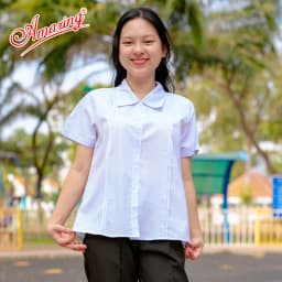 Thumbnail Áo sơ mi trắng cổ lá sen viền xanh cao cấp cho bé gái đến trường, big size từ 26kg đến 70kg 4