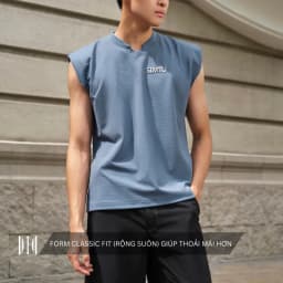 Thumbnail Áo tanktop nam màu xanh dương form suông SIMTU vải thun gân co giãn 4 chiều cao cấp, có đệm vai áo | AT003 1