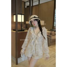 Thumbnail Áo Thiết Kế Đẹp Phối Ren Đính Đá LECOONG A15 Q17 Quần Tafta Màu Kem Đi Tiệc Sang Chảnh 3