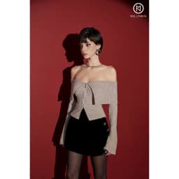 Thumbnail Áo thiết kế thun len sọc trễ vai kéo khoá MOLLYNISTA quyến rũ nữ tính cao cấp đi chơi gợi cảm 4