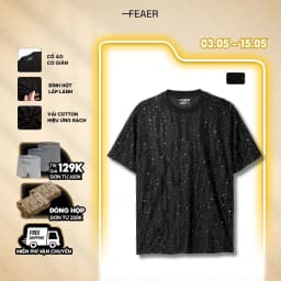 Thumbnail Áo thun cổ tròn Bling, vải cotton hiệu ứng rách độc đáo, thấm hút tốt, co giãn nhẹ, đính hột lấp lánh, cá tính - FEAER 1