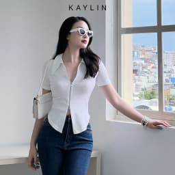 Thumbnail Áo thun KAYLIN Freesize form ôm cổ sơ mi phối dây kéo hai đầu chất vải thun cỏ giản phong cách trẻ trung - N1770 3