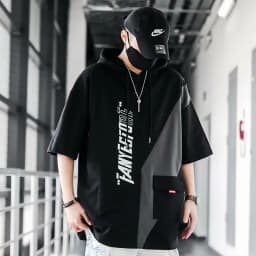 Thumbnail Áo thun nam tay ngắn có mũ trùm đầu IELGY dáng rộng hip-hop khâu phù hợp 1