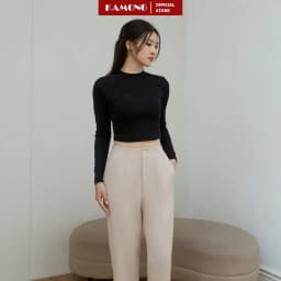 Thumbnail Áo thun nữ croptop tay dài cổ cao KAMONG chất liệu thun tăm A150 3