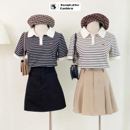 Thumbnail Áo thun nữ Twentyfive có cổ ngắn tay họa tiết kẻ ngang phối viền trắng vải mắt chim thoáng mát 4730 1