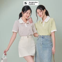 Thumbnail Áo thun nữ Twentyfive có cổ dáng suông rộng ngắn họa tiết kẻ ngang vải mắt chim thấm hút 4827 1