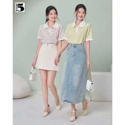 Thumbnail Áo thun nữ Twentyfive có cổ dáng suông rộng ngắn họa tiết kẻ ngang vải mắt chim thấm hút 4827 2