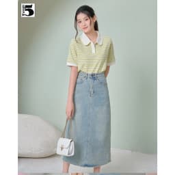 Thumbnail Áo thun nữ Twentyfive có cổ dáng suông rộng ngắn họa tiết kẻ ngang vải mắt chim thấm hút 4827 3