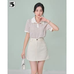 Thumbnail Áo thun nữ Twentyfive có cổ dáng suông rộng ngắn họa tiết kẻ ngang vải mắt chim thấm hút 4827 4