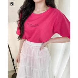 Thumbnail Áo thun nữ Twentyfive dáng rộng ngắn tay, cổ tròn họa tiết in chữ La vie est belle TL13 4