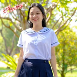 Thumbnail Áo trắng cho bé gái đi học, cổ lá sen viền xanh cao cấp, big size đến 70kg 1