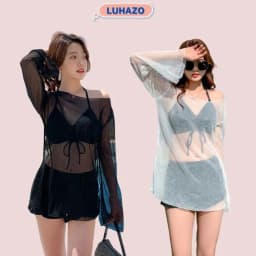 Thumbnail Bikini LUHAZO đi biển du lịch 3 chi tiết nữ áo rút dây có mút ngực kèm quần nhún và áo lưới kín đáo 9961 TK13T4 1