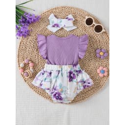 Thumbnail Bộ 2 món mùa hè ngọt ngào dành cho bé gái 1-18 tháng: Bộ đồ liền thân tay mềm mại in nơ hoa + Băng đô phù hợp – Đóng cửa nhanh 1