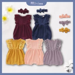 Thumbnail Bộ áo liền quần MIKRDOO không tay chất vải cotton + băng đô trơn màu xinh xắn thời trang cho bé sơ sinh 1