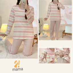 Thumbnail Bộ Bầu Mặc Nhà Cotton Kẻ xanh hồng Đồ Bầu Sau Sinh Mở 2 Bên Cho Con Bú Và Quần Chun Chỉnh Bụng, Dài Tay 2mama 3