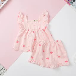 Thumbnail Bộ bé gái mặc nhà mùa hè LITIBABY, vải đũi xốp, tay áo cánh tiên size 2 đến 7 tuổi 1