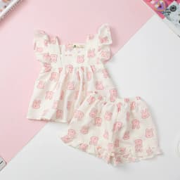 Thumbnail Bộ bé gái mặc nhà mùa hè LITIBABY, vải đũi xốp, tay áo cánh tiên size 2 đến 7 tuổi 3