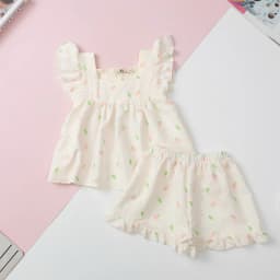 Thumbnail Bộ bé gái mặc nhà mùa hè LITIBABY, vải đũi xốp, tay áo cánh tiên size 2 đến 7 tuổi 4