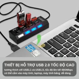 Thumbnail Bộ chia USB HOSAN 4 cổng USB 2.0 có công tắc thiết kế nhỏ gọn tốc độ cao có đèn led hỗ trợ máy tính, PC 2