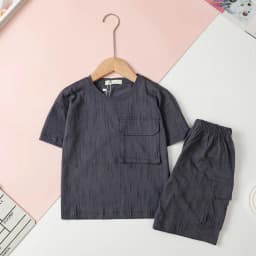 Thumbnail Bộ cotton Bé trai túi ngực cổ tròn ngắn tay quần túi hộp size 4 đến 14 tuổi 2