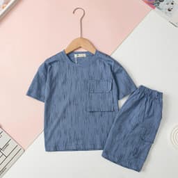 Thumbnail Bộ cotton Bé trai túi ngực cổ tròn ngắn tay quần túi hộp size 4 đến 14 tuổi 3