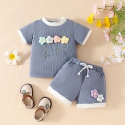 Thumbnail Bộ dành cho trẻ sơ sinh & trẻ mới biết đi 0-4 tuổi Áo sơ mi ngắn tay cổ tròn in họa tiết in hoa và ren màu trơn được ghép nối với quần Short màu trơn Bộ kỳ nghỉ 2