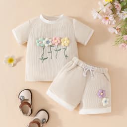 Thumbnail Bộ dành cho trẻ sơ sinh & trẻ mới biết đi 0-4 tuổi Áo sơ mi ngắn tay cổ tròn in họa tiết in hoa và ren màu trơn được ghép nối với quần Short màu trơn Bộ kỳ nghỉ 3