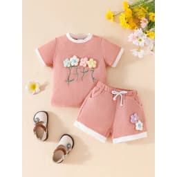 Thumbnail Bộ dành cho trẻ sơ sinh & trẻ mới biết đi 0-4 tuổi Áo sơ mi ngắn tay cổ tròn in họa tiết in hoa và ren màu trơn được ghép nối với quần Short màu trơn Bộ kỳ nghỉ 4