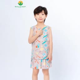 Thumbnail Bộ lanh tole bé trai quần đùi , áo sát nách viền cổ họa tiết thời trang Việt Thắng - B62.5020 2