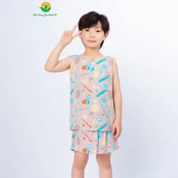 Thumbnail Bộ lanh tole bé trai quần đùi , áo sát nách viền cổ họa tiết thời trang Việt Thắng - B62.5020 3