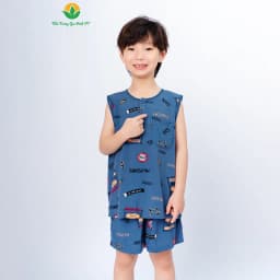 Thumbnail Bộ lanh tole bé trai quần đùi , áo sát nách viền cổ họa tiết thời trang Việt Thắng - B62.5020 4